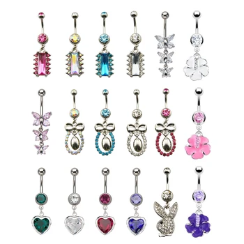 

1Piece Crystal Dangling Belly Button Ring Butterfly Flaower Gem Heart Navel Piercing Rings For Sexy Girl Fashion Jewelry 14g