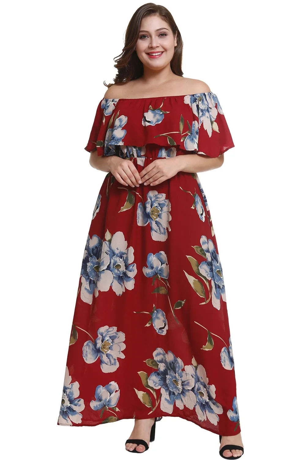 Gladiolus Sexy Off Shoulder Ruffles Women Slash Neck Floral Print Pocket Summer Maxi Dress Casual Plus Size Robe Femme Ete 2018 (10)