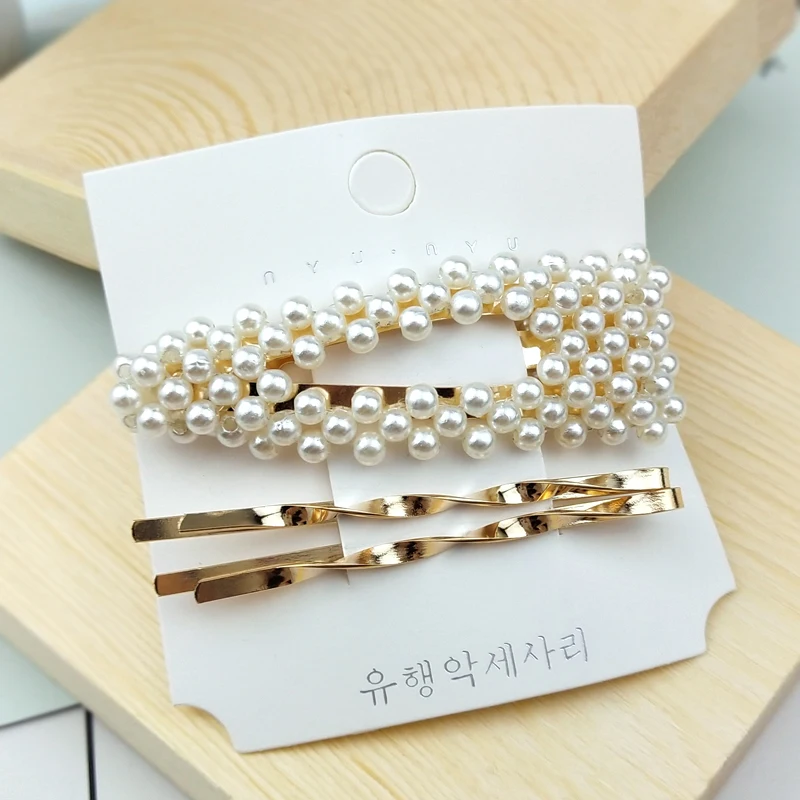 

1Set Women Hair Clips Cute Pearl Alloy Geometric Gold Color Barrettes Lovely Hairpin Headband Fashion Hair Accessories HC10