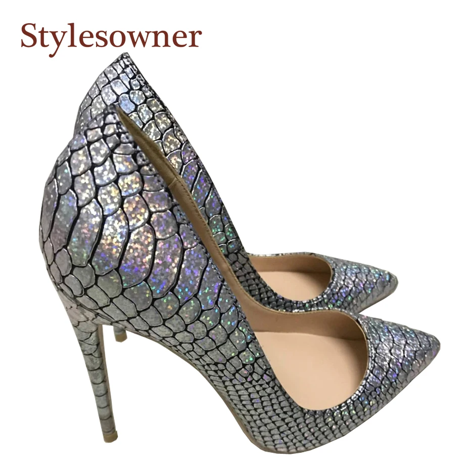 Stylesowner Silver Bling Bling High Heel Shoes Luxury Pointed Toe Shallow Mouth Pumps Night Party Shoe Zapatos Mujer for Women