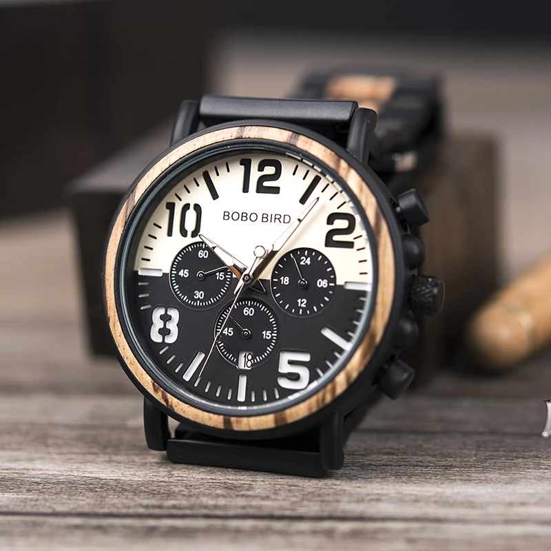 BOBO BIRD Luxury Stylish Men Watch Wood & Stainless Steel Band Chronograph Timepiece Relogio Masculino In Wood Gift Box L-R25