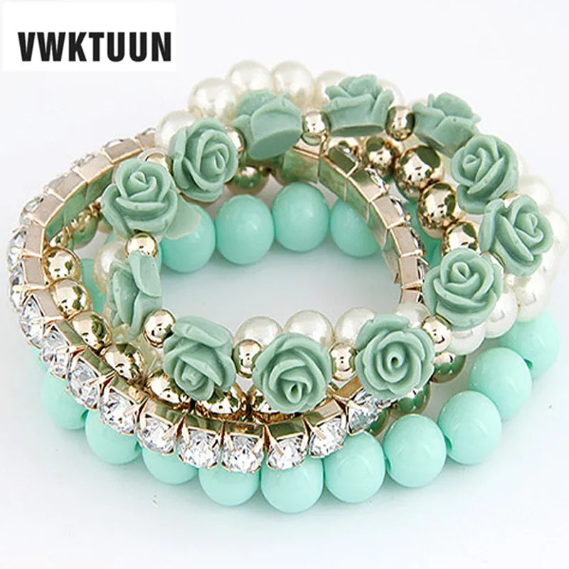 

VWKTUUN Bohemian Candy Color Imitation Pearl Rose Flower Multilayer Beads Stretch Charm Bracelets & Bangles For Women Pulseras