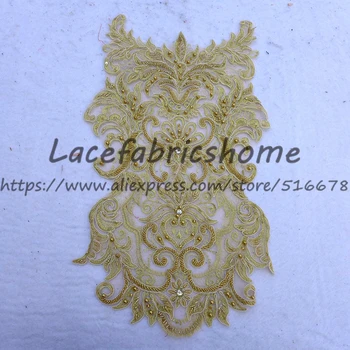 

New heavy handmade Gold beads on net cord embroidery patch bridel/wedding dress Accessories 45X30cm by piece