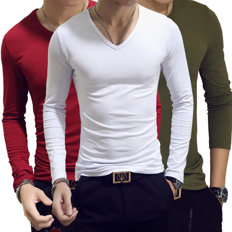 

Men Autumn T-shirts Long Sleeves V Neck Pullover Slim Fit Casual Minimalist Male Tops XIN-Shipping