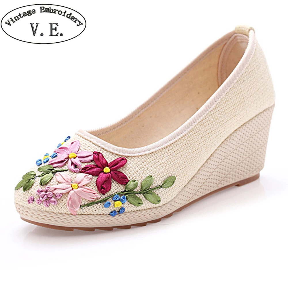 Винтажные женские туфли лодочки в китайском стиле без застежки с цветочным