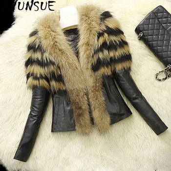 

AYUNSUE Faux Racoon Fur Coat Women Tops Autumn and Winter Faux Leather Jacket Slim Fit Female Jackets Manteau Femme Hiver KJ509