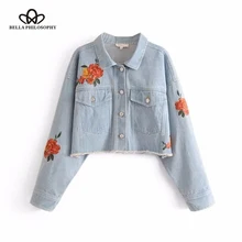 Bella Philosophy Женская Весенняя короткая джинсовая куртка тонкая вышивка Цветочная Модная Джинсовая куртка гофрированная короткая женская одежда