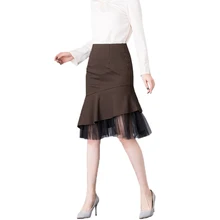 Весна лето Хип пакет Юбки Корейская сетка длина по колено, пэчворк русалка юбка Женская высокая талия плед миди юбки женские