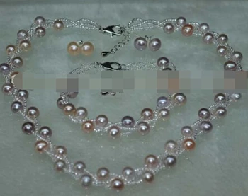 

Jewelry Pink&purple 3line freshwater pearl set Necklace Bracelet and Earring hot