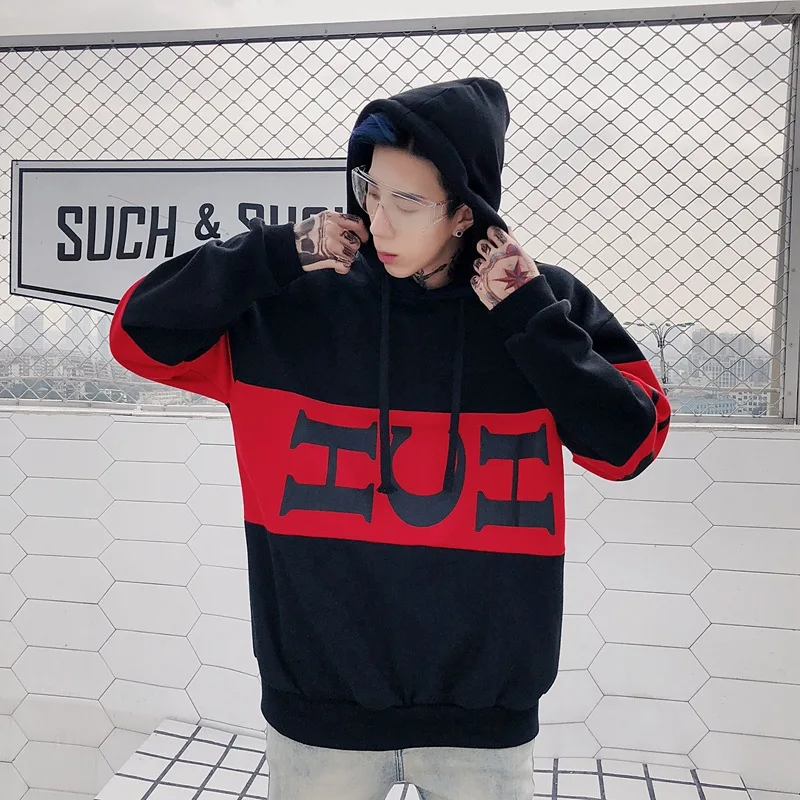 

Color Block Patchwork Fleece Letter Hooded Sweatshirts Men Harajuku Couple Wear Pullover Hoodies Streetwear Male Fashion Tops