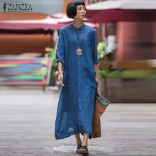ZANZEA 2018 Das Mulheres Do Vintage Botão de Camisa de Vestido De Outono de Manga Comprida Vestido Maxi Ocasional Longo Tops Feminino Kaftans Vestido Túnica de Linho