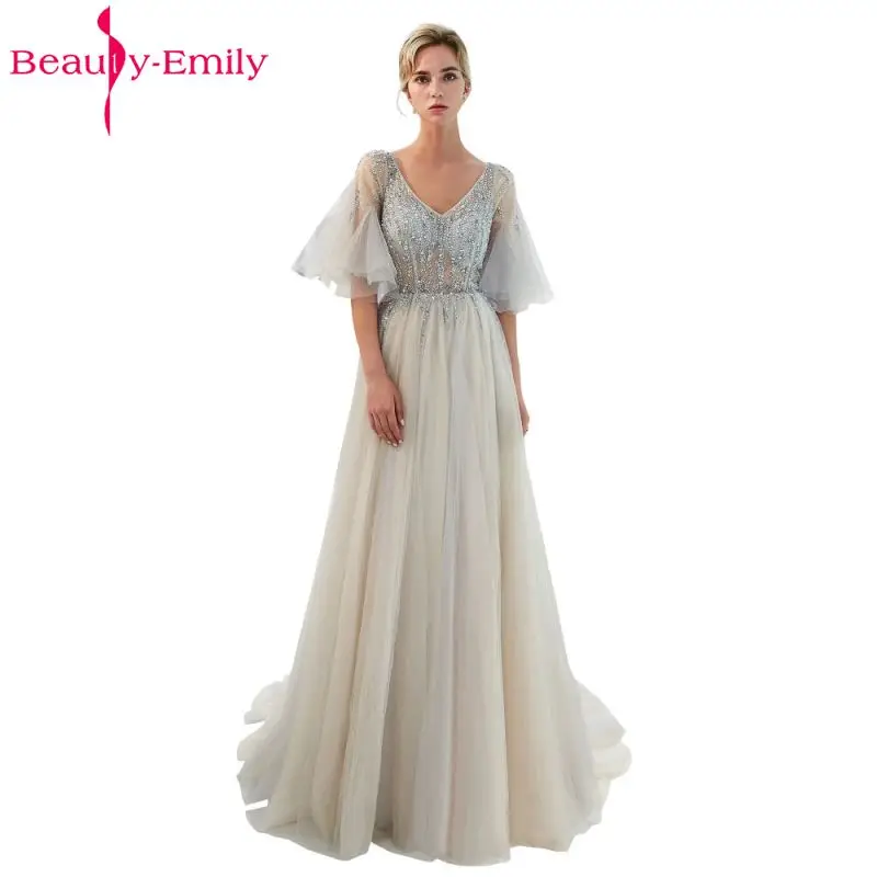

Beauty Emily Long Grey Beads Evening Dresses 2019 Short Sleeve Bodice Open Back Party Prom Dresses Elegant Vestido De Festa