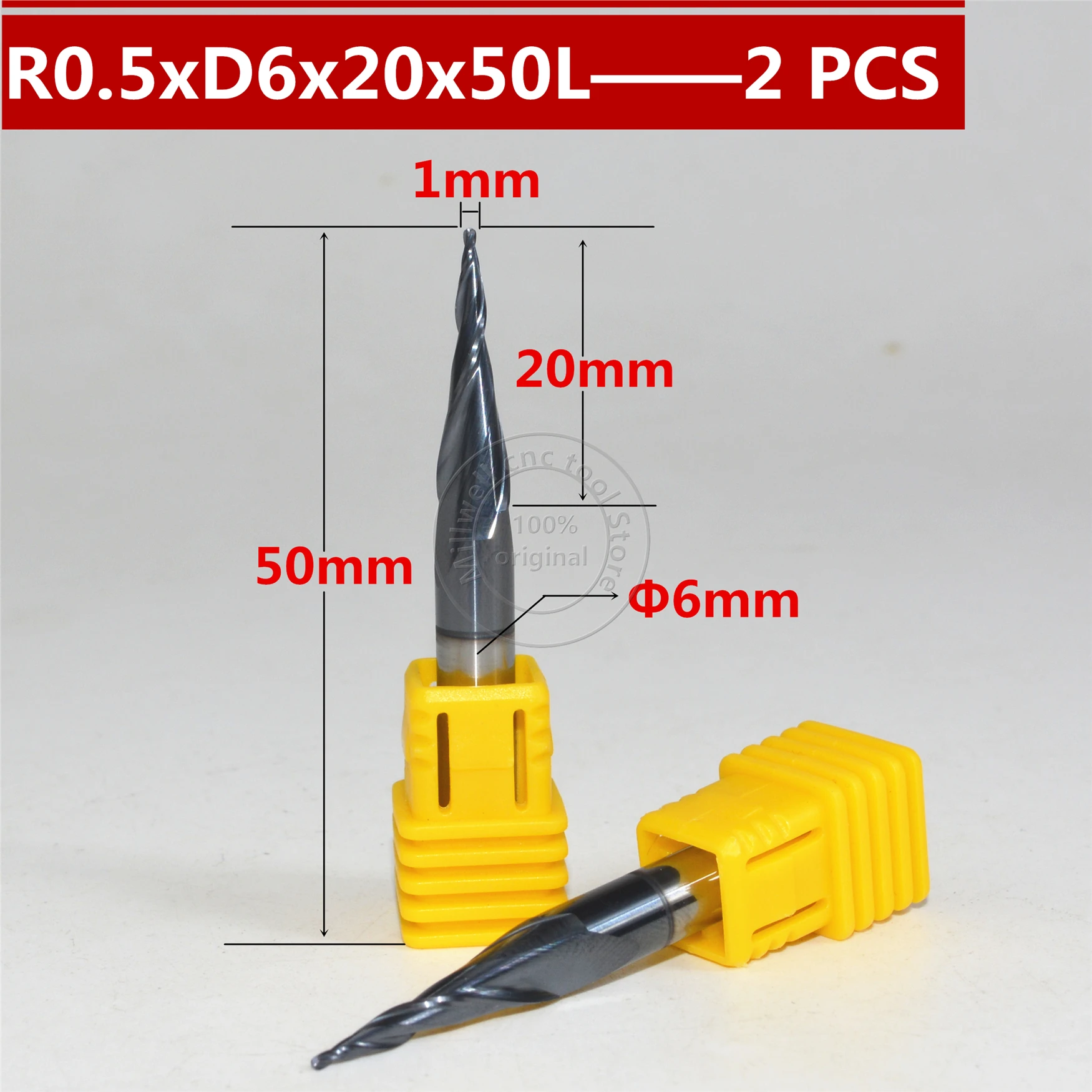 shipping-2PCS R0.5* D6* 20* 50L* 2F HRC55 вольфрамовые прочные, покрытые карбоном конические Шаровые концевые мельницы штырь и конус концевые фрезы