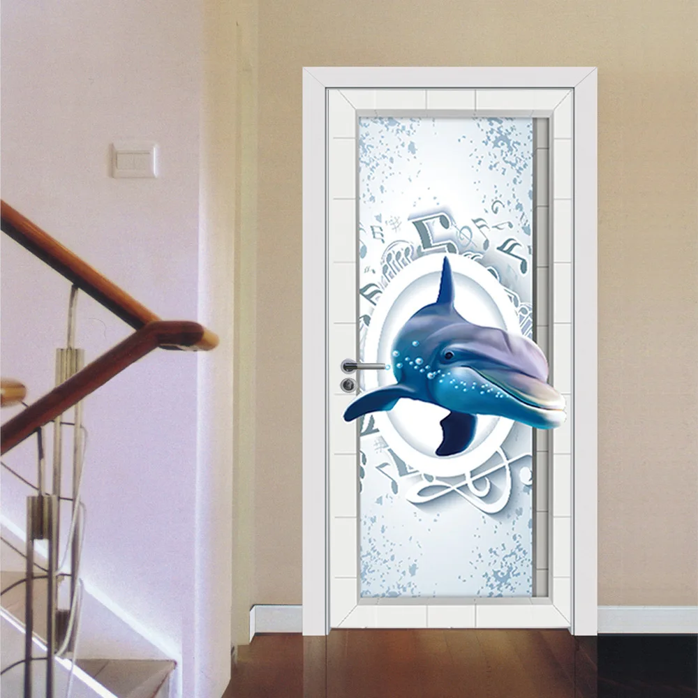 Dolphin Music Fridge Door Sticker PVC Self adhesive Wallpaper Refrigerator Cover Window Film