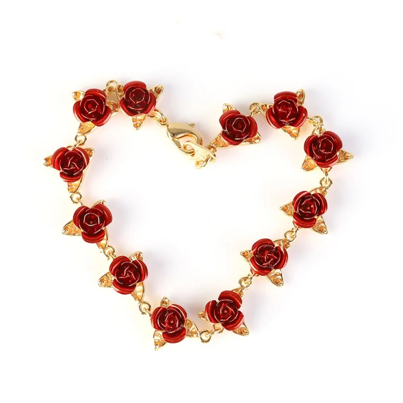 

Red Rose Bracelet Flowers Wrist Chain Charm Valentine's Day Gift For Women Wedding Party Bridesmaid Bracelet Wedding Party Gifts