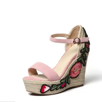 

Ethnic Bohemian Flaxen Platform Gladiator Sandals Women Embroidery Extreme High Heels Pumps Ladies Wedges Shoes Size 35-39