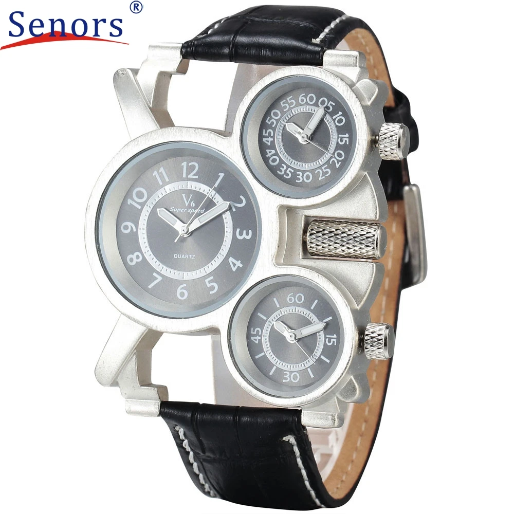 

Attractive 2017 New Design Men Sports 3 Time Zone Quartz Leather Strap Steel Case Male Wrist Watch High Quality My 10