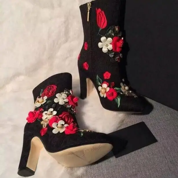 Frauen Damen As Stiefel Super Hot Stiefeletten Picture Zehen Chunky Herbst Blumen Spitze Stickerei 41 Multicolor Appliques Ferse Größe IwxdnOav