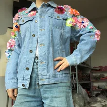 Брендовая модная стерео ручная работа цветы бисер Осенняя джинсовая куртка Сексуальная с открытыми плечами свободные женские джинсы пальто