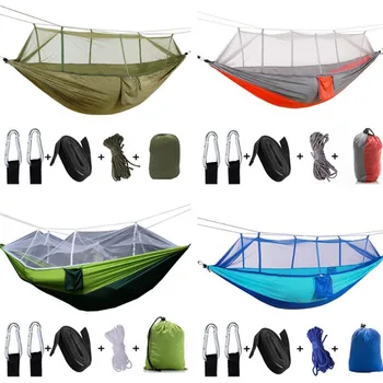 

Outdoor Parachute Cloth Hanging Hammock With Mosquito Net Ultra Light Nylon Aarmy Green Camping Aerial Tent Hammock 260x140cm