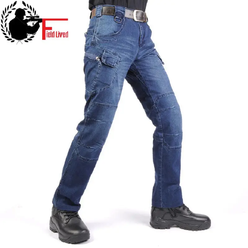 JEANS MEN 2019 Cargo Elastic Waist Jean Pants High Quality Clearance Tactical Denim Multi Pocket Male Trouser Cargo Jeans Men