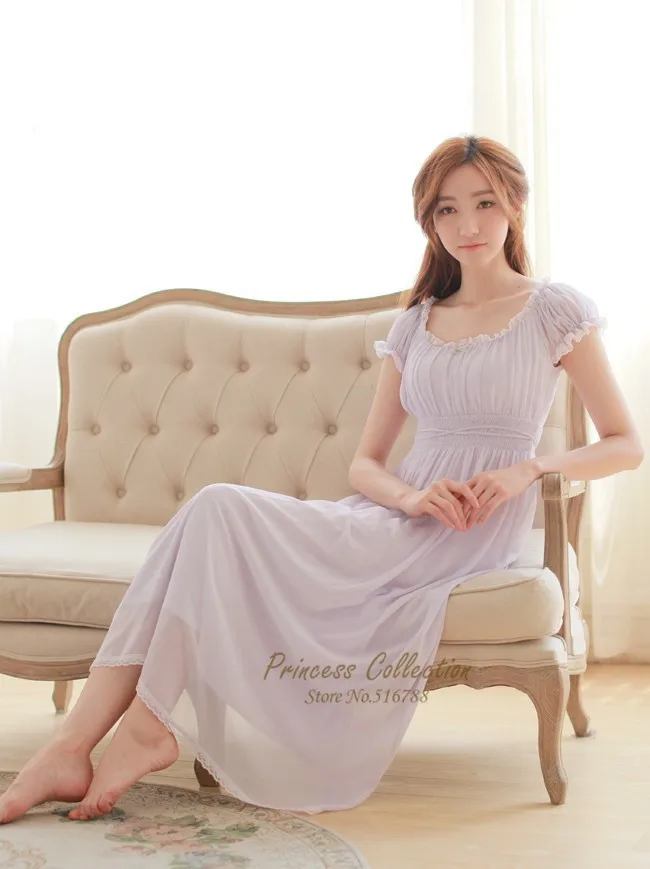 Классическая винтажная длинная ночная рубашка принцессы из шифона и вискозы, белая и фиолетовая ночная рубашка, летняя одежда для сна