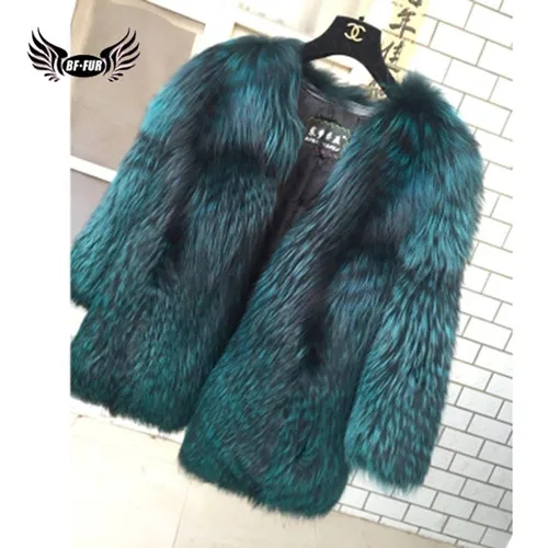 BFFUR, серебряное пальто из натурального меха лисы, модное тонкое пальто из натурального меха, большие размеры, одежда, роскошные повседневные женские пальто, зимние с круглым вырезом - Цвет: Green