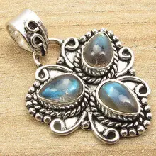 Colgante de la NAVIDAD, LABRADORITA azul Fuego 3 Gemset Plata Plateado de La Joyería UNISEX