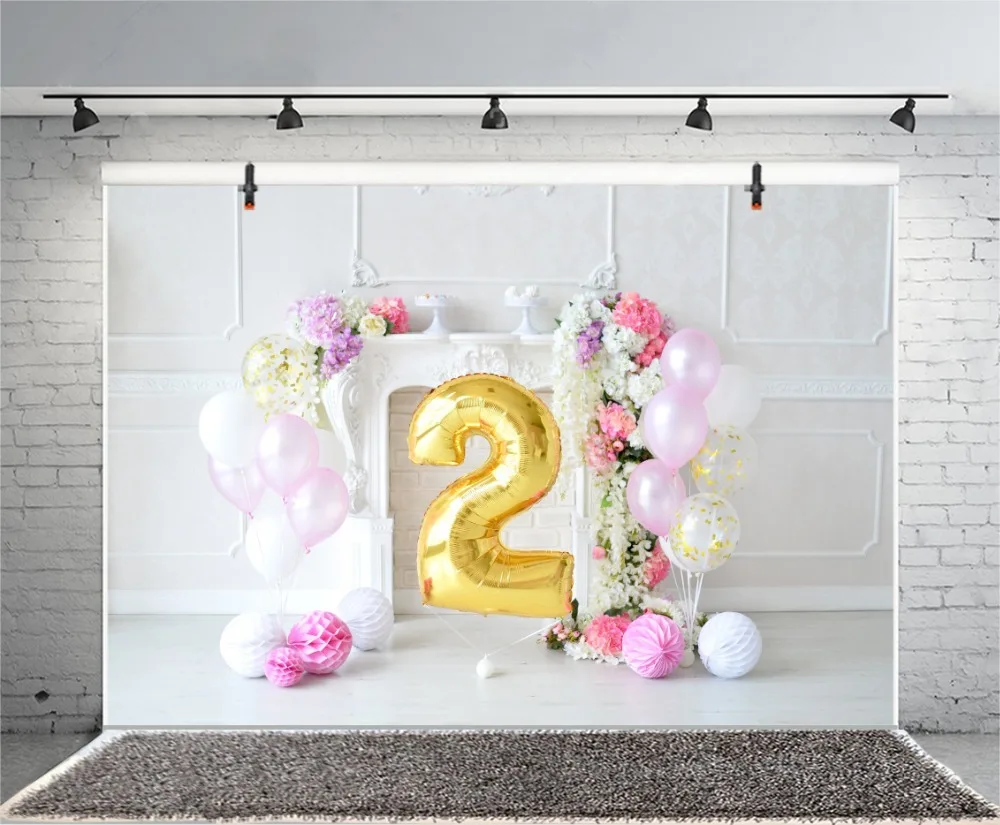 Laeacco Baby 2nd Birthday Flowers Balloons Fireplace Photography Background Customized Photographic Backdrop For Photo Studio