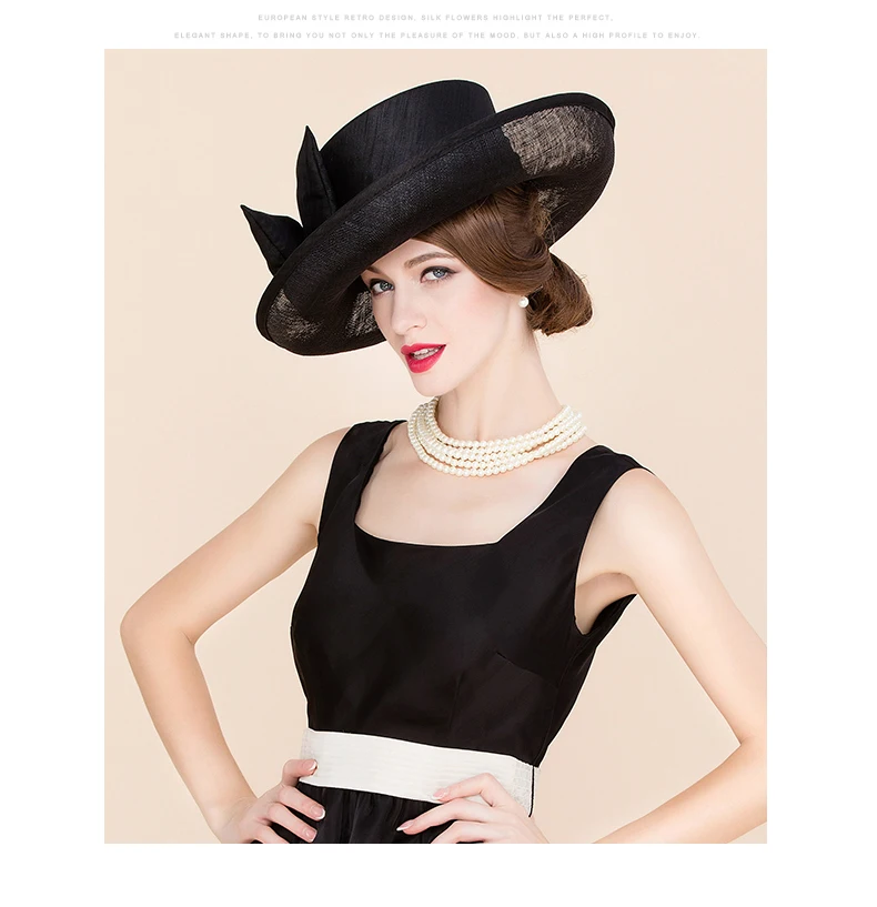 New British Elegance Flax Hat Lady Wide Brim Ebony Curling Linen Black Hat Female Bowtie Church Hat Make Up Party Wear  B-8173