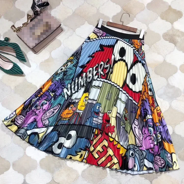 

PEILING DRAGON 2019 summer A wrinkled Pleated women's skirt with elastic letters and cartoons w0136