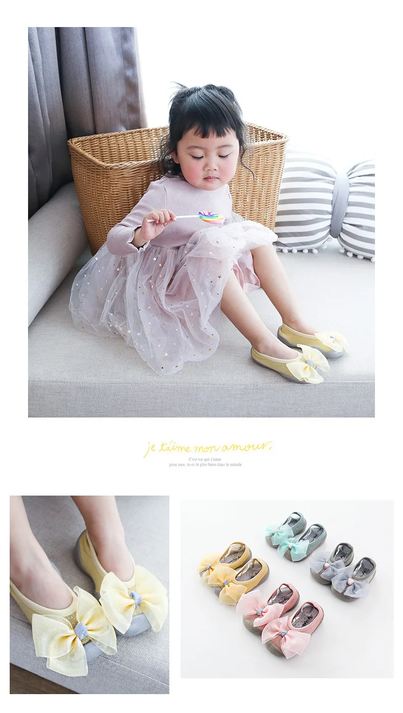 Детские Нескользящие носки-тапочки обувь и носки для малышей, учимся ходить носки с резиновой подошвой короткие носки с бантиком и мультяшной куклой