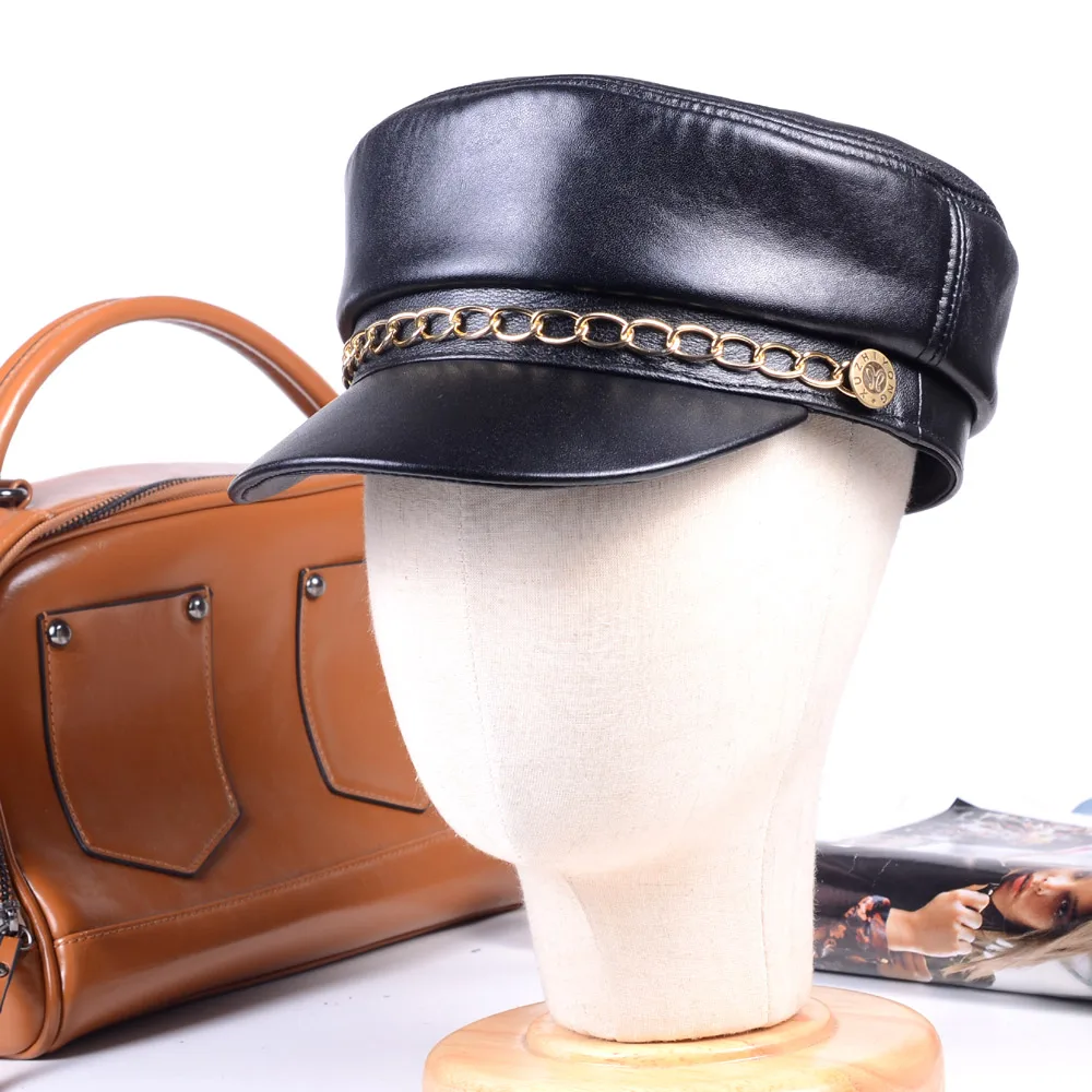 

Women's Men's Big Lip Cap Real leather Black Silver Chains Military Newsboy Army Flat Hats/Caps