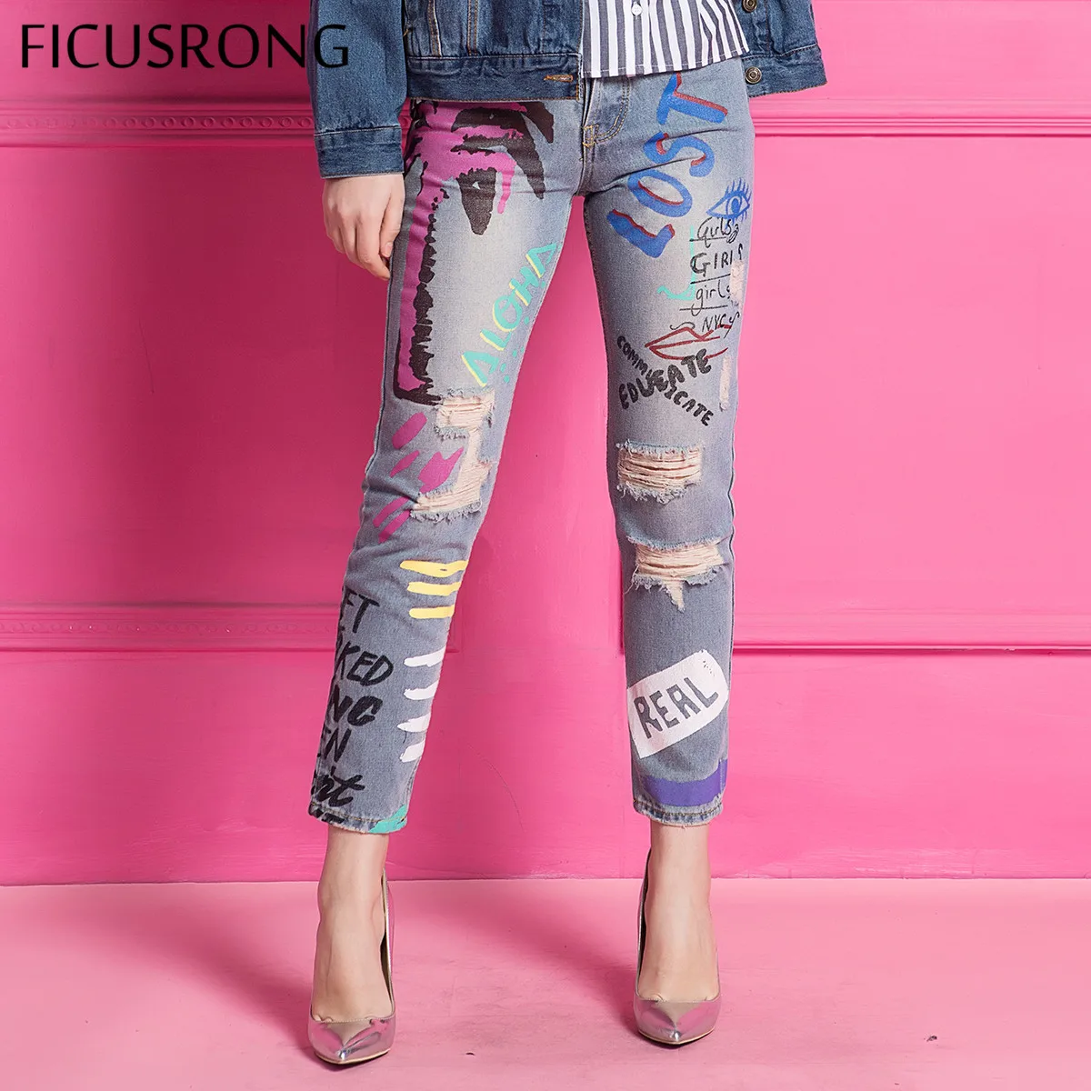

FICUSRONG Graffiti Hole ripped jeans women harem pant loose ankle-length pants Boyfriends For woman Ladies skinny jeans