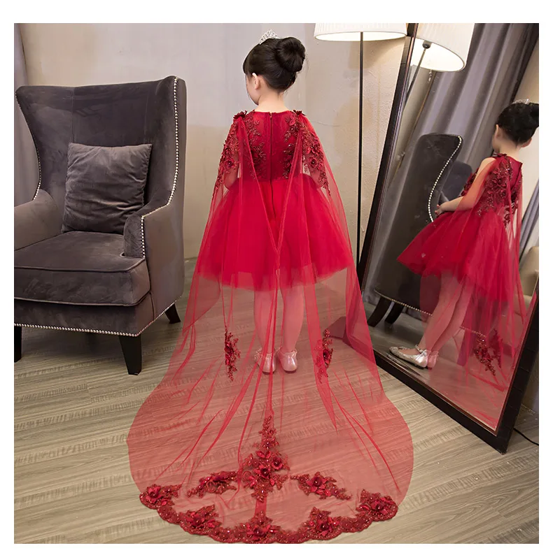 

Red Bead Appliques Girls Princess Dress Lush Long Trailing Formal Prom Party Ball Gown Girl Wedding Girl Baby Girls Dresses