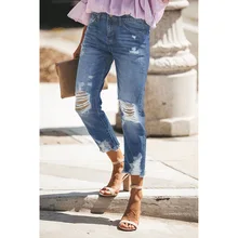 Рваные повседневные женские джинсы деним модные отбеленные обтягивающие рваные штаны в обтяжку