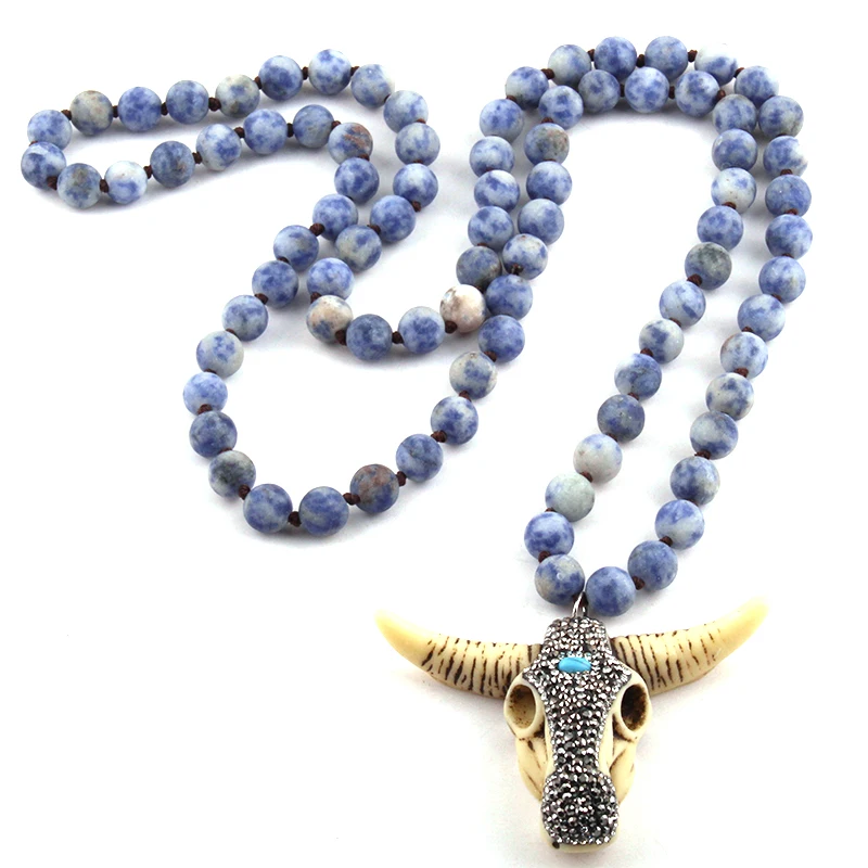 

Free Shipping Fashion Bohemian Tribal Jewelry Frosted Stones Knotted Horn Pendant Necklace Women Ethnic Necklace
