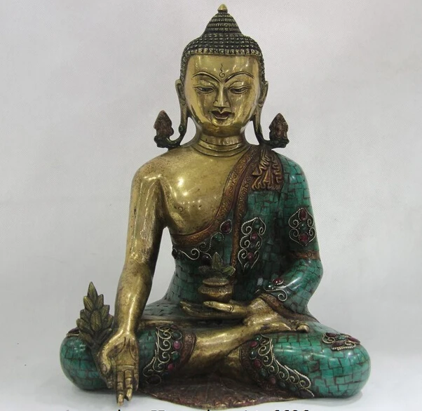

song voge gem S0984 Tibet Copper Gild inlay Turquoise Ruby Gem Bhaisajyaguru Medicine Buddha Statue