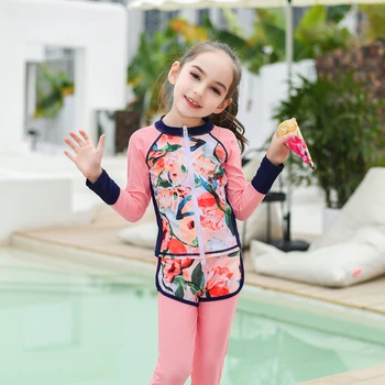 

Teenager Girls Rash Guards Swimwear 2 Pieces Long Sleeve Jacket Pants colorful Surfing Bathing Suits Rashguard Wetsuits 2019