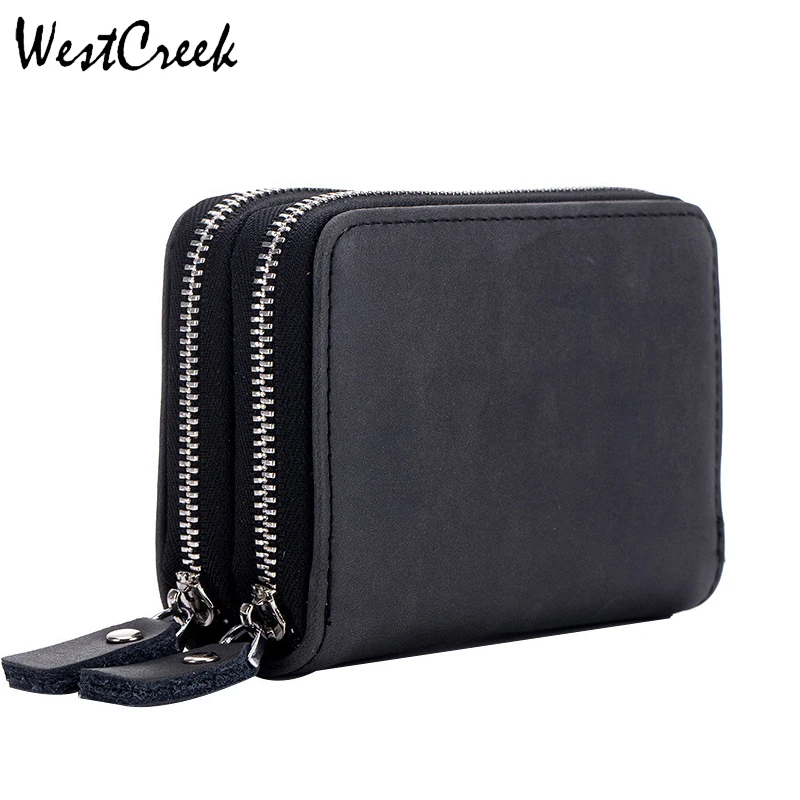 WESTCREEK Brand Multifunction Double Zipper RFID Blocking Card Holder Vintage Leather Key Holders with 12 Cards Slot