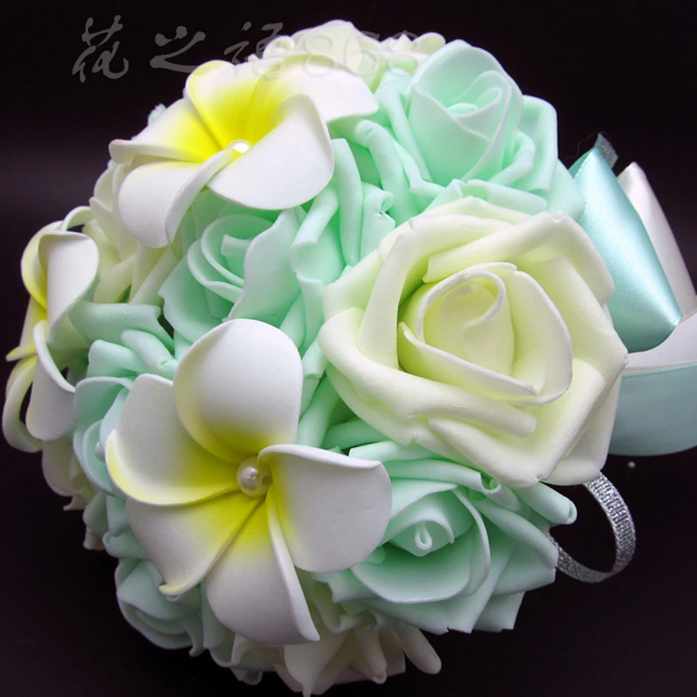 Новое прибытие Искусственные цветы для невесты Руки держа розовый/слоновой кости/зеленый цветок розы свадебный букет