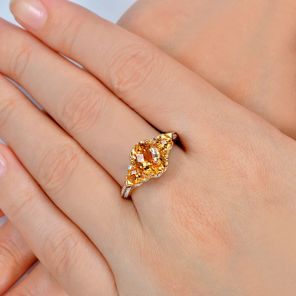 14 k желтое золото 1.96ct натуральное цитрин& Бриллиантовое кольцо три камня обручальное кольцо