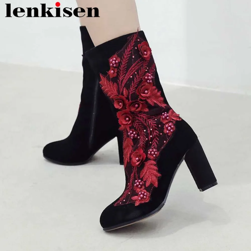 

2018 chinese design beauty embroidery flock plus size high thick heels zipper round toe mixed colors european mid-calf boots L21