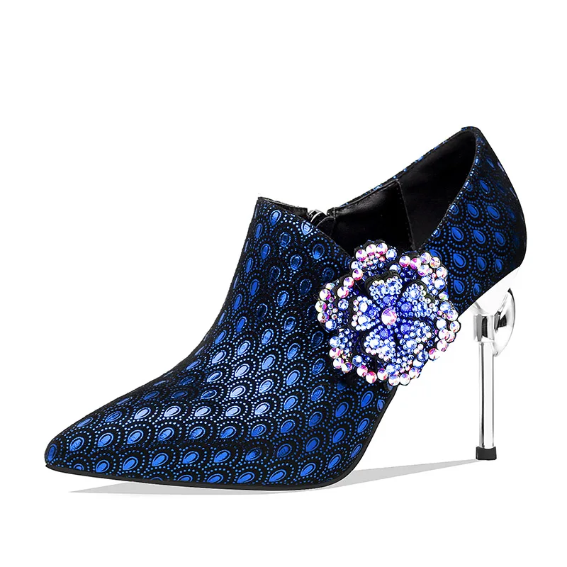 ISNOM/необычные туфли-лодочки на высоком каблуке; женская обувь с острым носком; модная вечерняя Обувь с аппликацией; женская обувь из натуральной кожи; сезон весна - Цвет: Синий