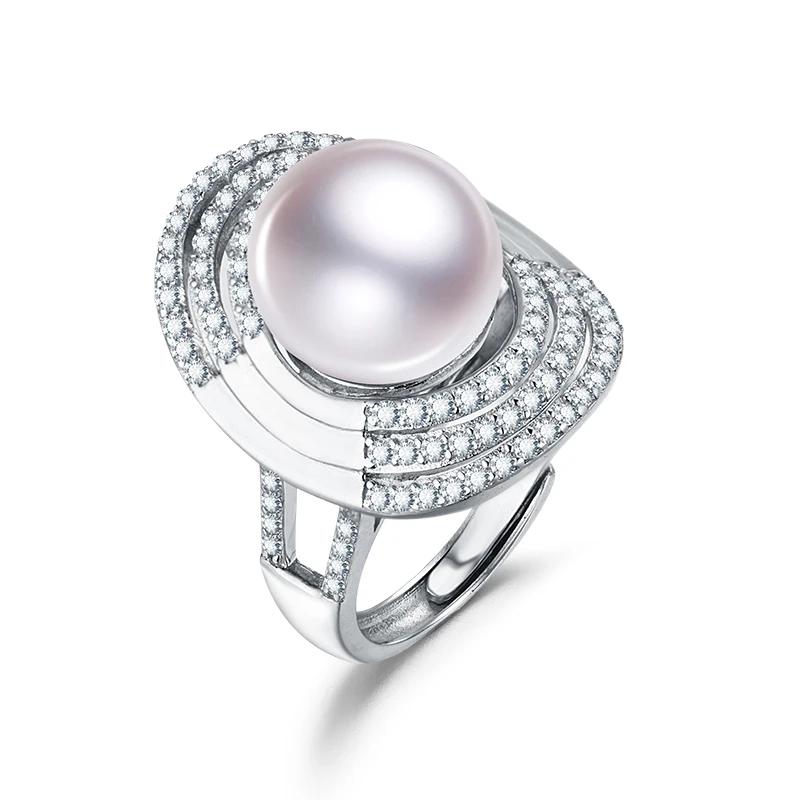 

SNH new 12mm button round AAA 925 sterling silver genuine cultured pearl ring women beautiful designs free shipping