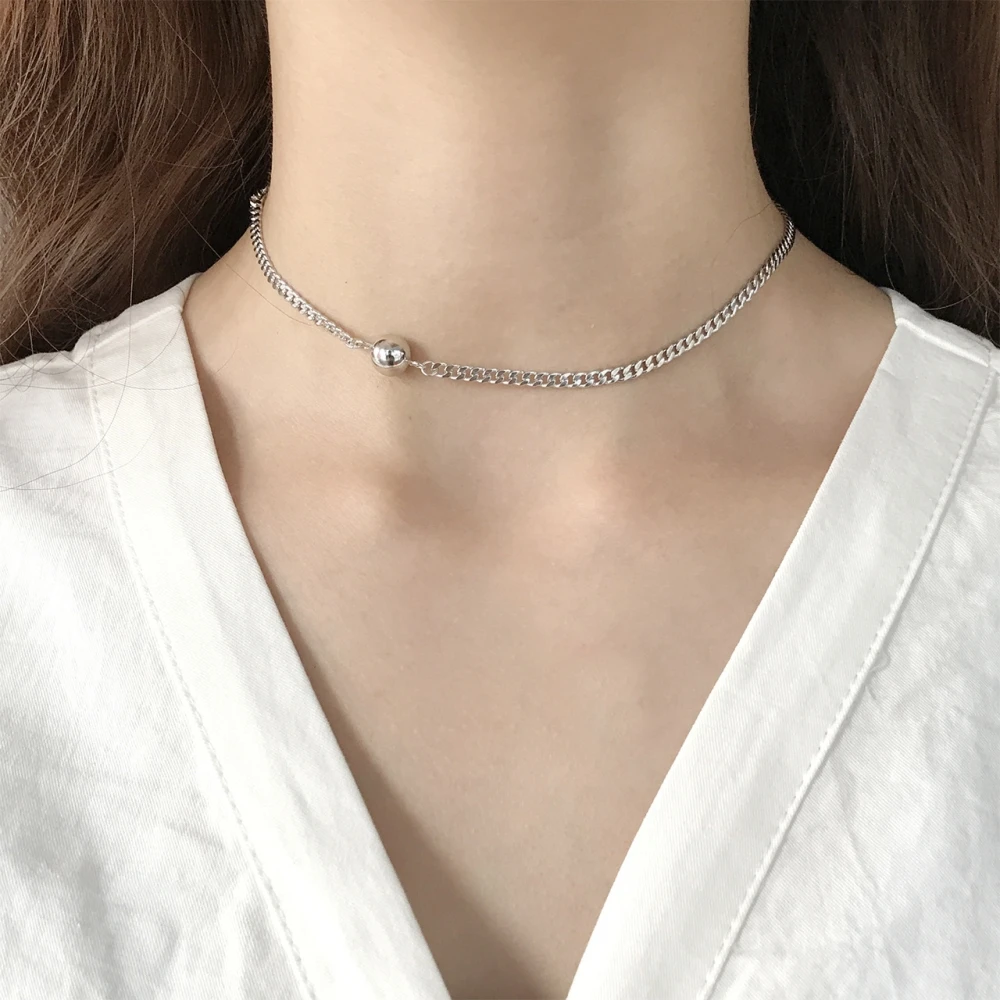 

925 Sterling Silver Round Bead Curb Cuban Chain Choker Female Japanese Korean Heavy Design Sweet Clavicle Chain Necklaces Women