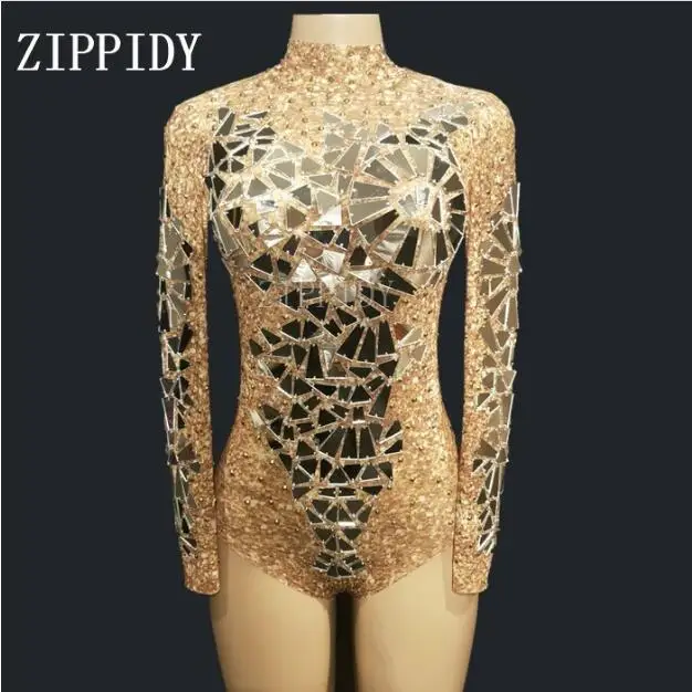 

Gold Rhinestones Mirrors Mesh Bodysuit Sexy Transparent Birthday Celebrate Outfit Singer Dancer Performance Wear Bodysuit YOUDU
