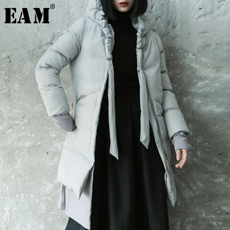 

[EAM] 2019 Spring Winter Woman New Gray Color Long Sleeve Hooded Adjustable Waist Pockets Pleated Slim Cotton-padded Coat LE875