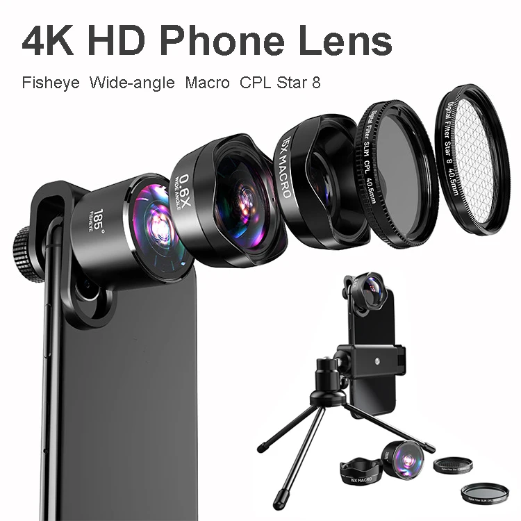 

4K HD Smartphone Phone Lens Kits:Camera Photo Digital Filter CPL &Starlight &Tripod+Awesome Fisheye&Wide-Angle&Macro Len Lenses