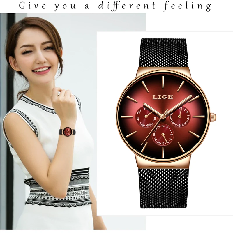 

reloj mujer LIGE New Analog Quartz Watch Women Mesh Stainless Steel Watch band Multi-function Casual Wristwatch Gift for Female